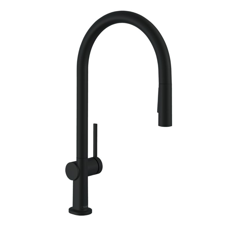 Vue de profil du mitigeur de cuisine hansgrohe Talis M54 210, avec douchette extractible 2 jets, sBox