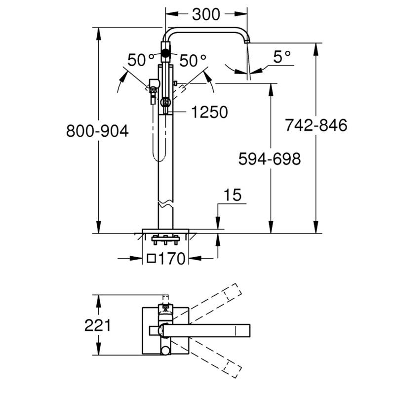 Dimensions du mitigeur GROHE Allure bain/douche hors sol