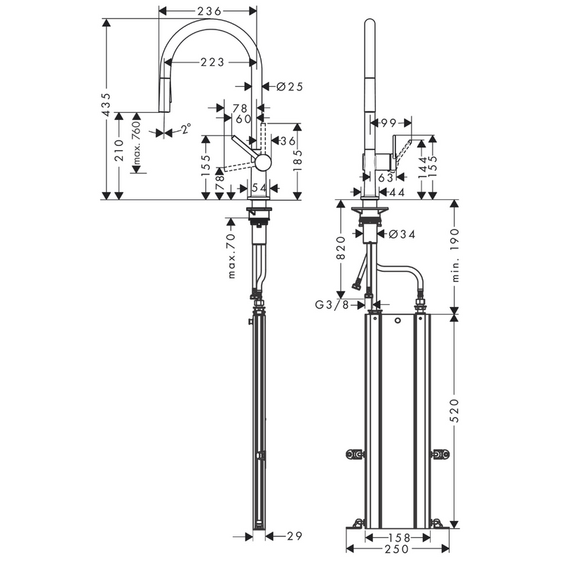 Dimensions du mitigeur de cuisine hansgrohe Talis M54 210, avec douchette extractible 2 jets, sBox