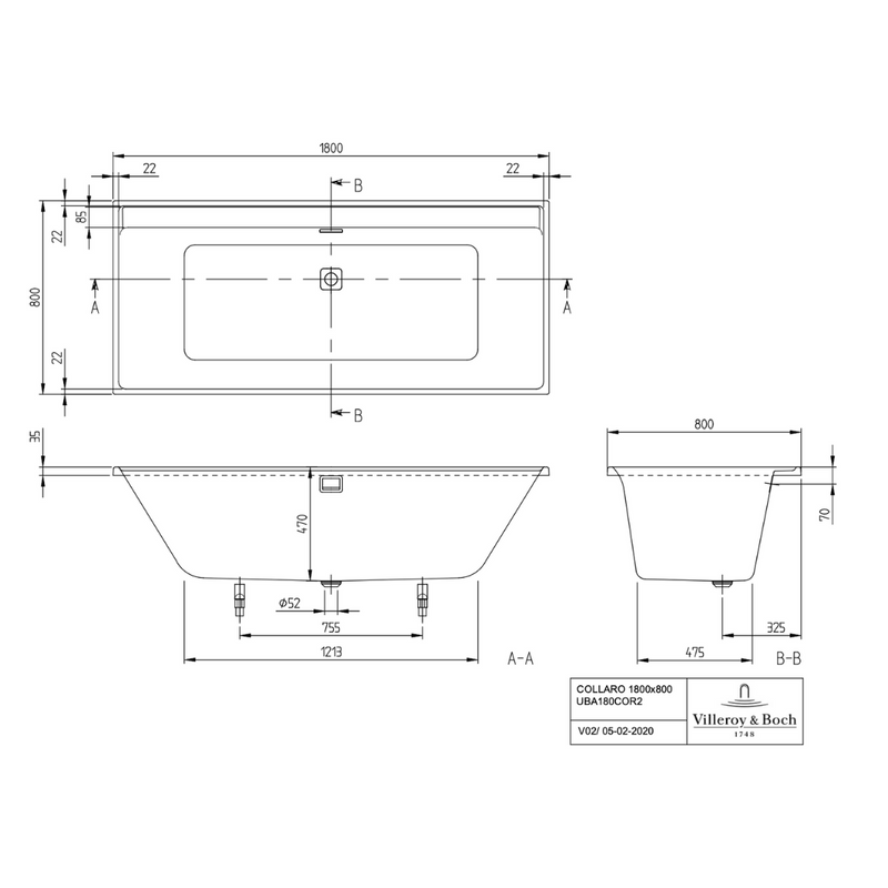 Dimensions Villeroy & Boch Collaro Baignoire rectangulaire, 1800 x 800 mm, Blanc