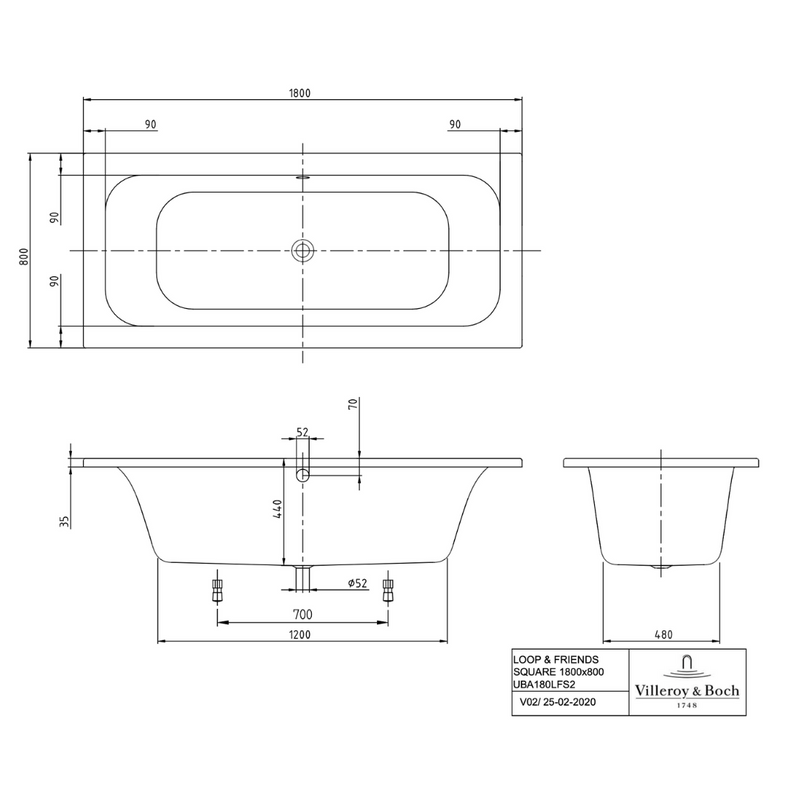 Dessin technique Villeroy & Boch Loop & Friends Baignoire rectangulaire SQUARE, 1800 x 800 mm, Bonde centrale