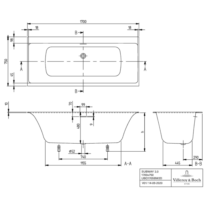 Dimensions Villeroy & Boch Subway 3.0 Baignoire rectangulaire, 1700 x 750 mm, Blanc