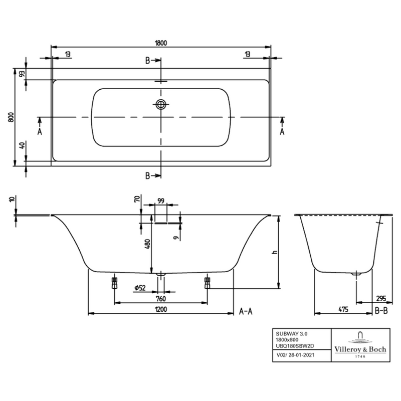 Villeroy & Boch Subway 3.0 Baignoire rectangulaire, 1800 x 800 mm, Blanc