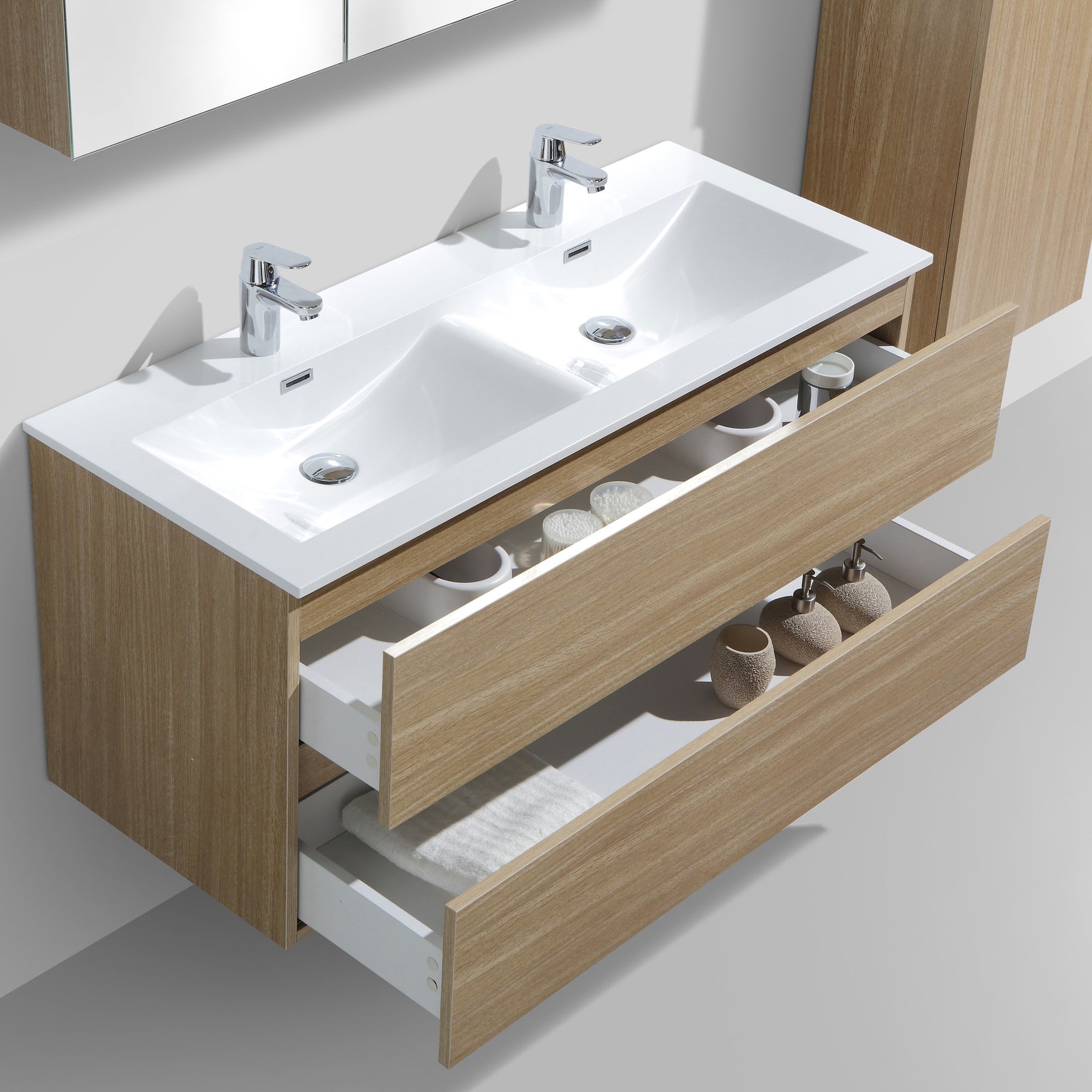 Meuble de salle de bain double vasque design couleur chêne - Caraibes