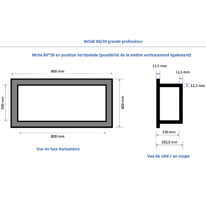 Dimensions Niche à carreler étanche - Format intérieur 80 x 30 cm - 15 cm de profondeur